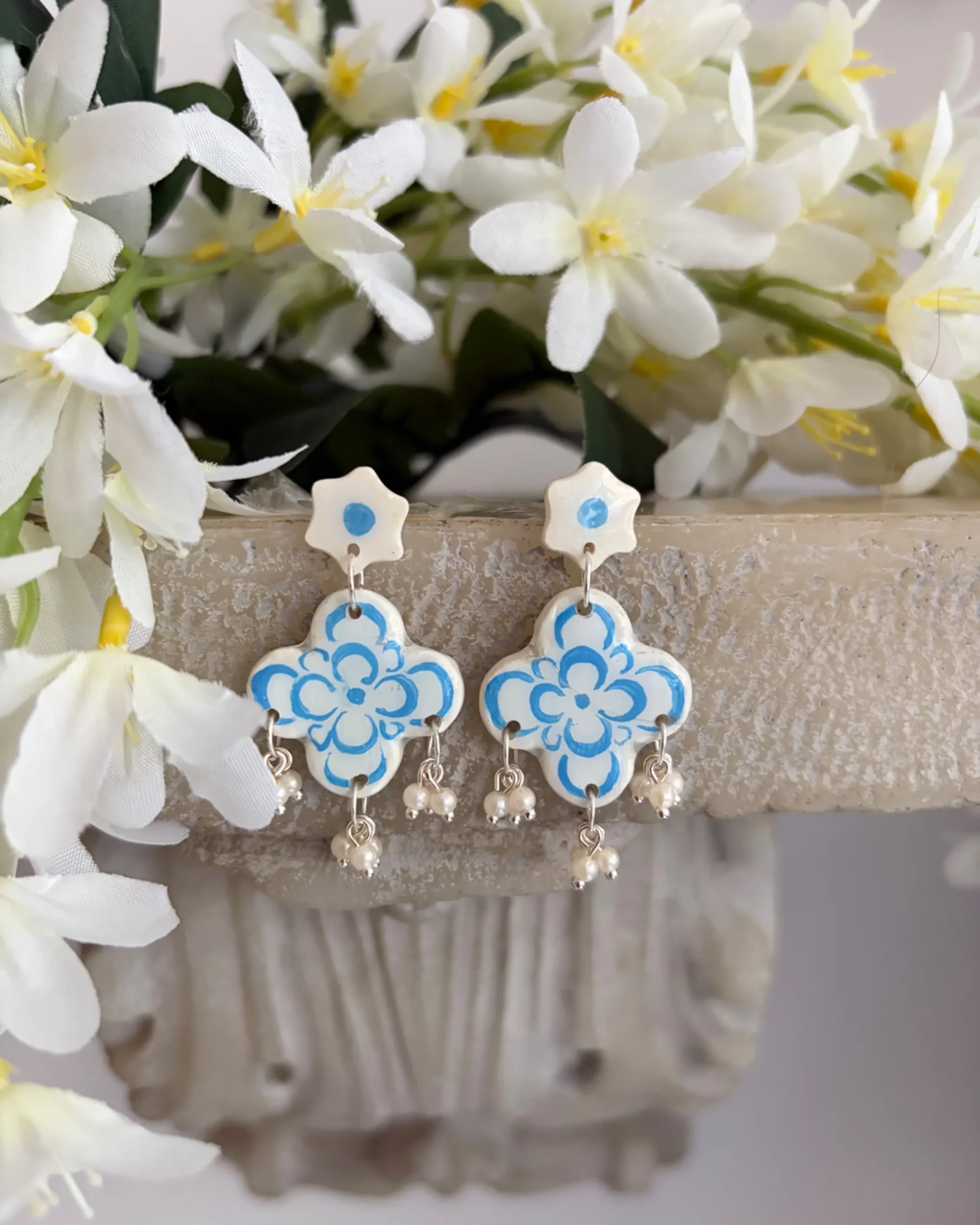 Pale china-blue tile-pattern flower earrings with seed-pearl drops