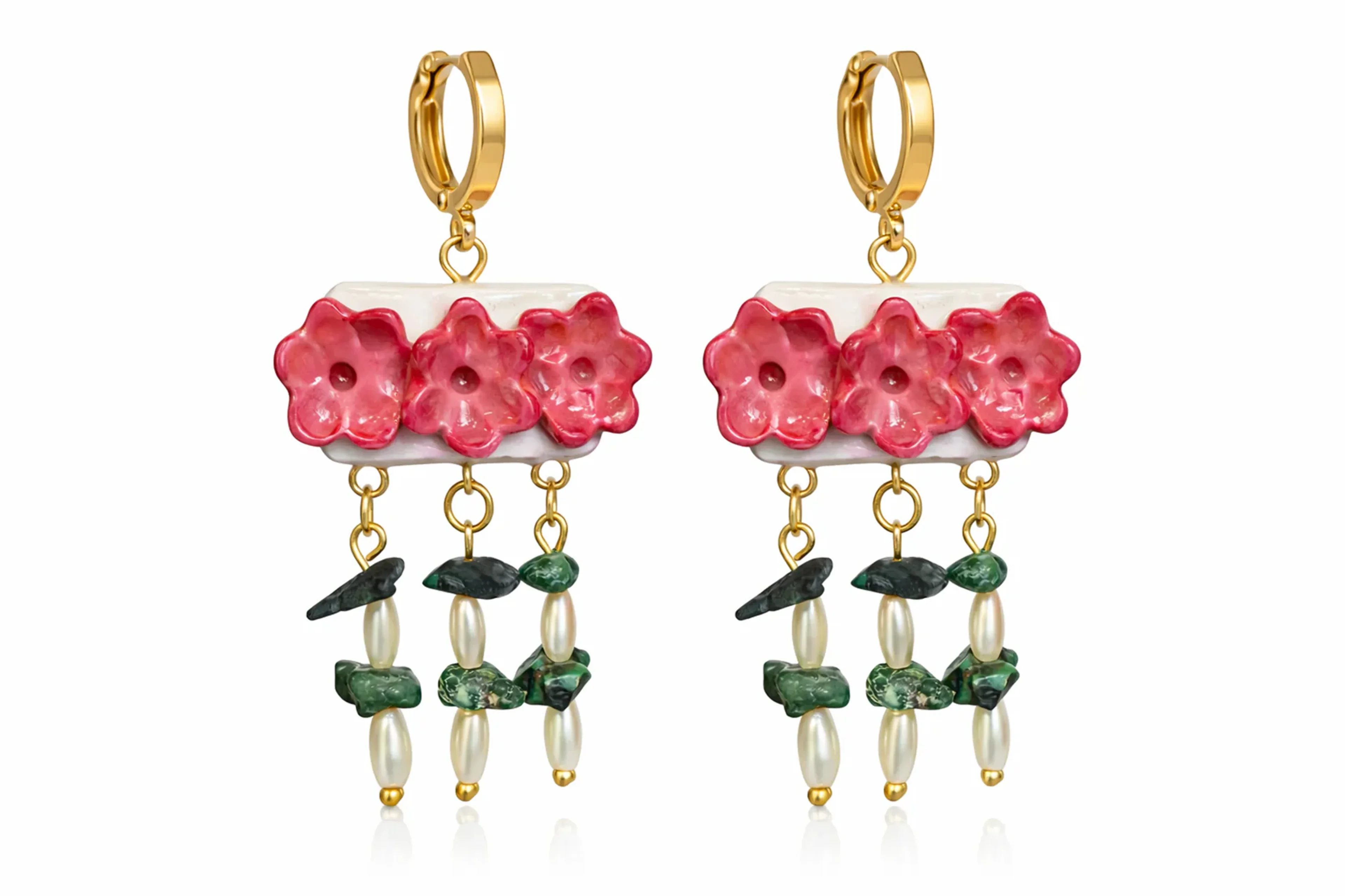 Turquoise and pearl floral huggie earrings, pair photographed on white